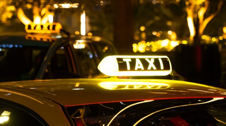 yellow taxi cab with a lit-up TAXI sign on the roof