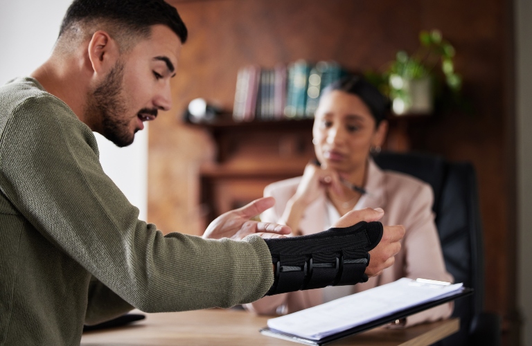 injury or man with lawyer woman planning on documents